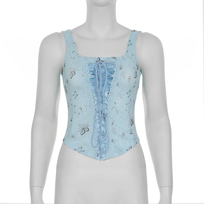 Aiertu  -  Spring Dream Blue Butterfly Printing Contrast Color Mesh Splicing Waist Strap Design Pure Desire Sling Vest Y2K Aiertu