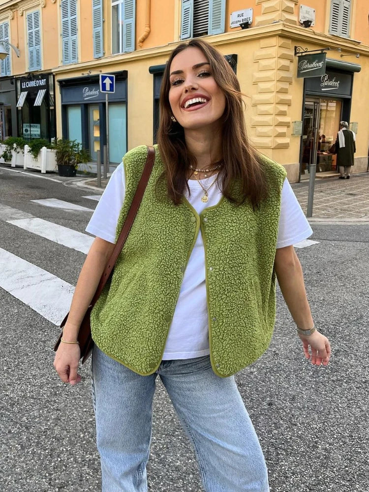 Aiertu  -  Solid Color Sleeveless Single Breasted Lamb Wool Jacket Women Loose V Neck Pocket Vest Coat Autumn Fashion High Street Outerwear Aiertu
