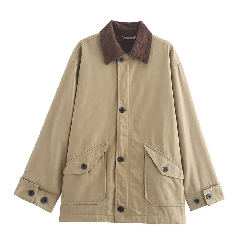 Aiertu     -  Fall Outfits 2026 Casual Patchwork Lapel Jacket Women Loose Contrast Long Sleeve Single Breasted Pockets Coat 2026 Autumn New Lady Fashion Outwear Aiertu