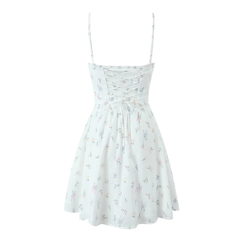 Aiertu  -  Floral Print Fishbone Slim Sling Mini Dress For Women Sexy Thin Straps Low Waist Holiday Party Summer Dresses Lace Up Back Robe Aiertu