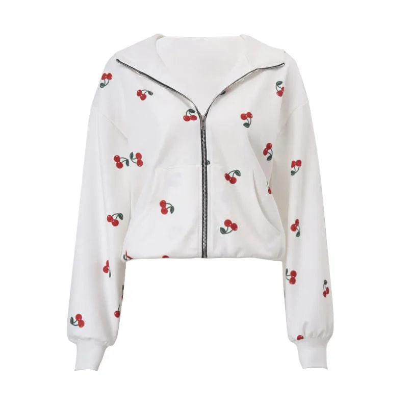 Aiertu  -  Cherry Printed Sweatshirt  Women Hooded Zipper Full Sleeve Thicken Lady Coats 2025 Spring Autumn Fashion Female Jacket Tops Aiertu