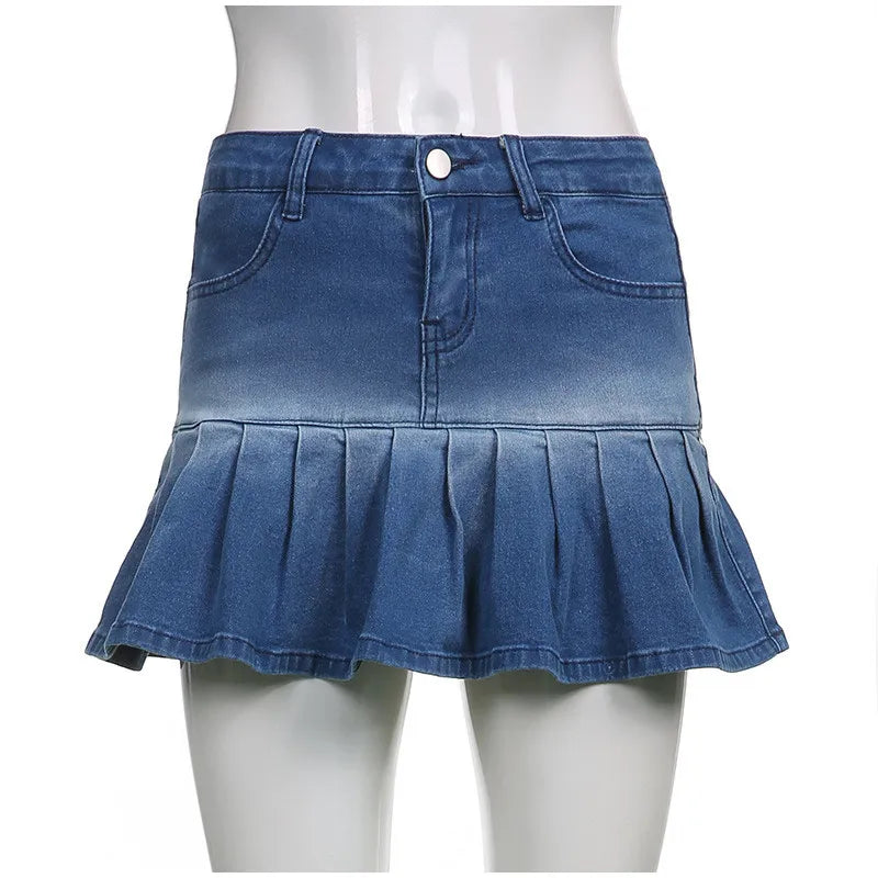 Aiertu  -  Fashion Denim Pleated Skirt Women High Waist Button Zipper Pocket Ruffle A-line Mini Skirts Female 2025 Spring Summer Lady Skirt Aiertu