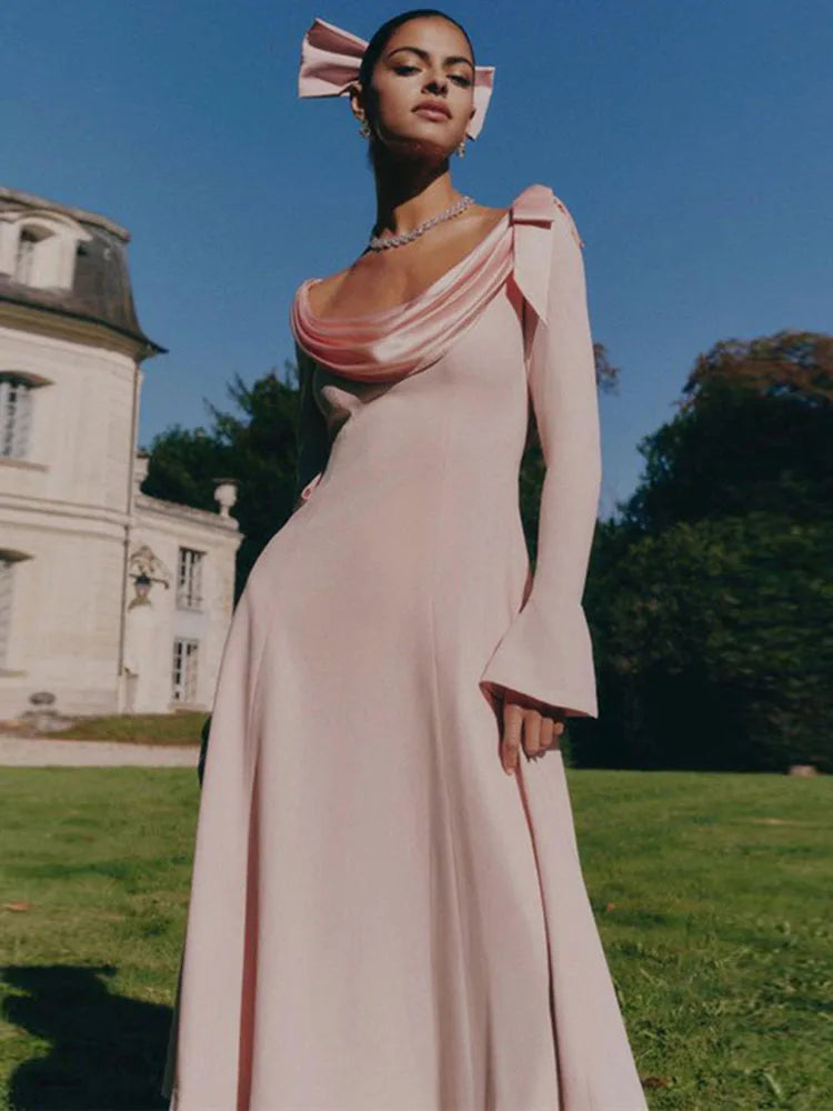 Aiertu       -  Sexy Backless Bow Long Sleeve Slim Dress For Women Stack Neck Elegant Draped Maxi Party Dresses Female Autumn New 2026 Aiertu