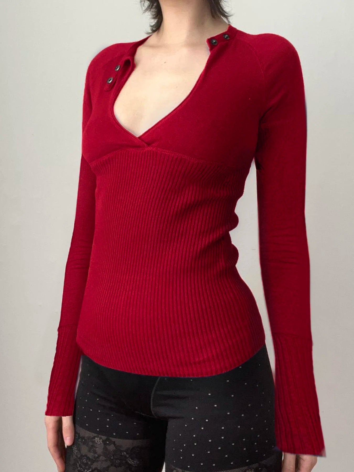 Aiertu  -  Retro Button-up Hollow Out Knitwear Shirts Women Casual Skinny Basic Long Sleeve Cropped Tops Streetwear Tee Shirt Lady Aiertu