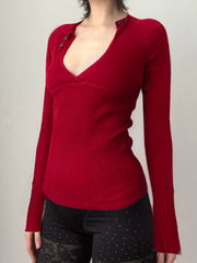 Aiertu  -  Retro Button-up Hollow Out Knitwear Shirts Women Casual Skinny Basic Long Sleeve Cropped Tops Streetwear Tee Shirt Lady Aiertu