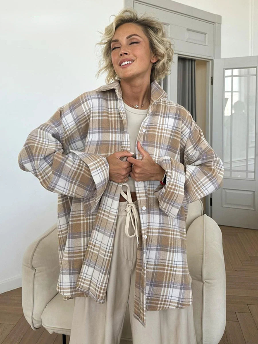 Aiertu  -  Women Vintage Long Sleeve Check Shirts Female Spring Fashion Casual Turn Down Collar Office Single Breasted Blouse Aiertu