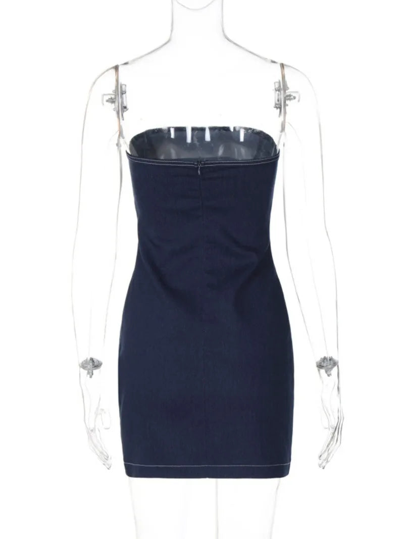 Aiertu  -  Woman Clothes Strapless Solid Blue Denim Dress Y2K Streetwear 2026 Ladies Sleeveless High Waist Backless Zip-up Short Dresses Aiertu