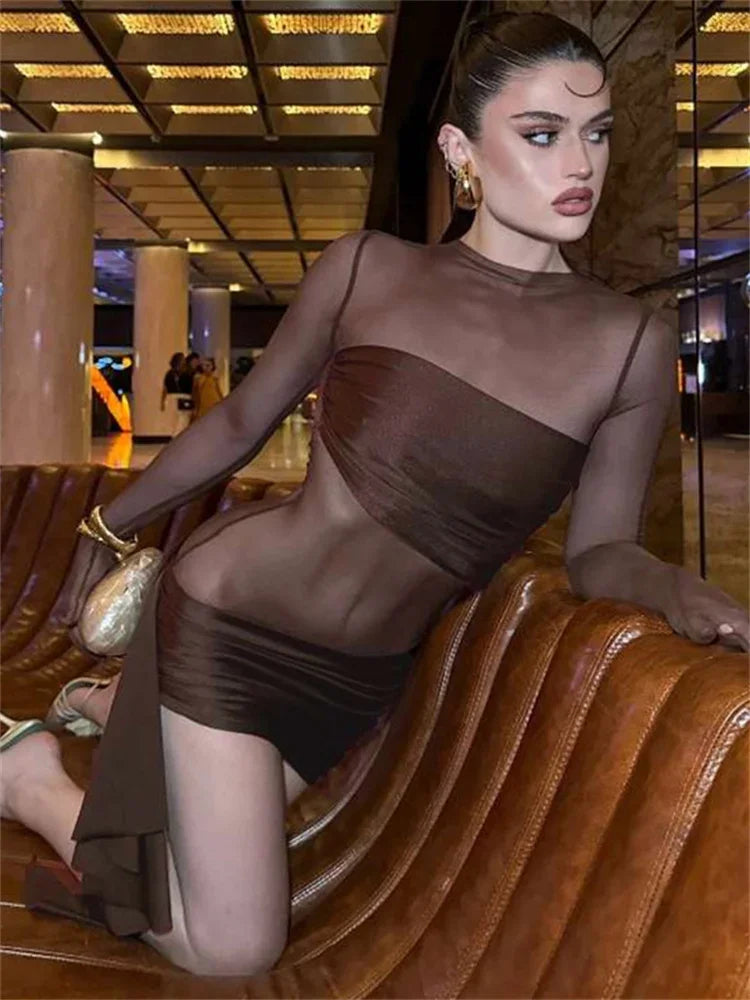Aiertu  -  Mesh Hollow Out Sexy Mini Dress For Women See-Through High Waist Pleated Slim Bandage Gown Dress Female Y2k Mini Dress New Aiertu