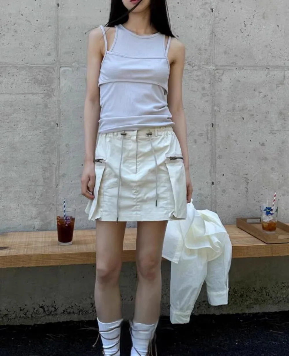 Aiertu  -  Spice Girls High Street Drawstring Elastic Waist All Match Mini Skirt korean Summer New Fashion Double Pocket Skirts for Women Aiertu