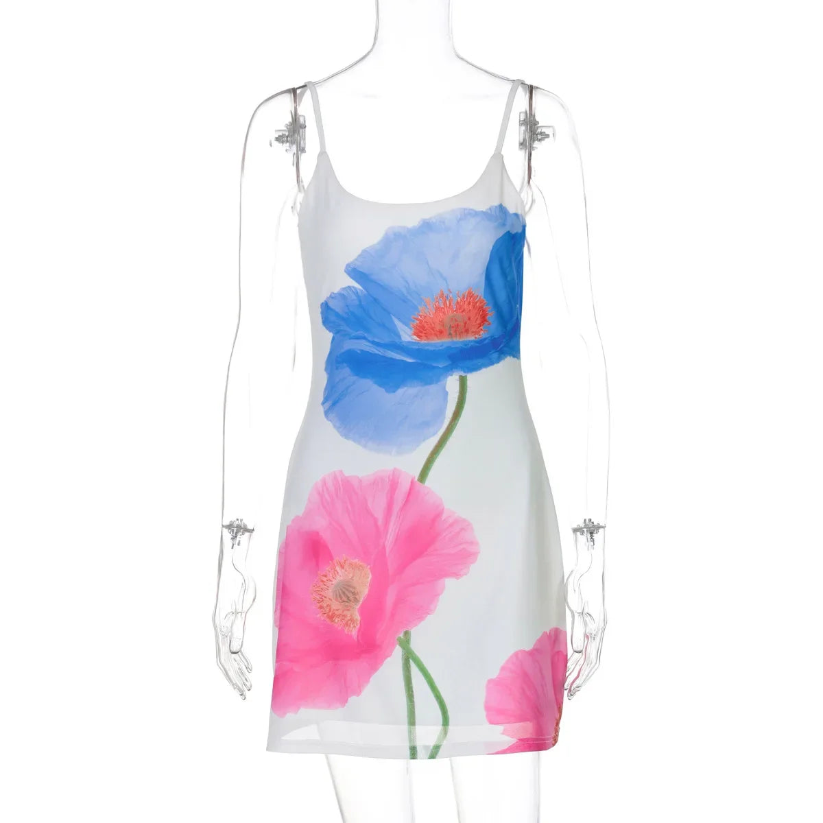 Aiertu  -  Woman Clothes Floral Print Mesh Slip Dress Y2K Streetwear 2026 Summer Lady Sleeveless Backless White Short Holiday Beach Dresses Aiertu