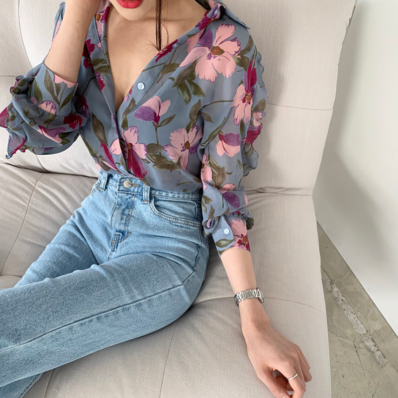 Aiertu Vintage Floral Chiffon Shirt Women Elegant Long Sleeve Print Thin Blouse Cardigans Korean Loose All Match Sunscreen Tops Aiertu