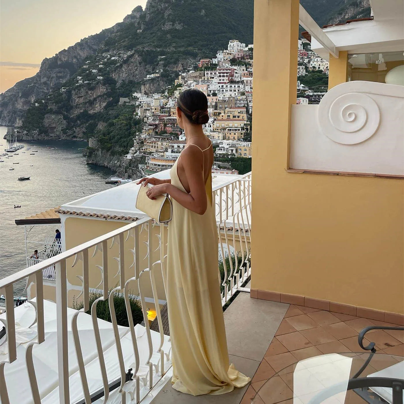 Aiertu  -  Ladies Feminine Buff Dress Loose Backless Round Neck Spaghetti Strap Drop Waist Long Robe Vacation Formal Ceremony Party Gown Aiertu