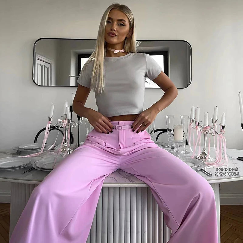 Aiertu  -  2026 Summer Slim Wide Leg Suit Pants High Waist Pants French Pink Casual Floor Towers Women's Versatile Draping Feel Trousers Aiertu