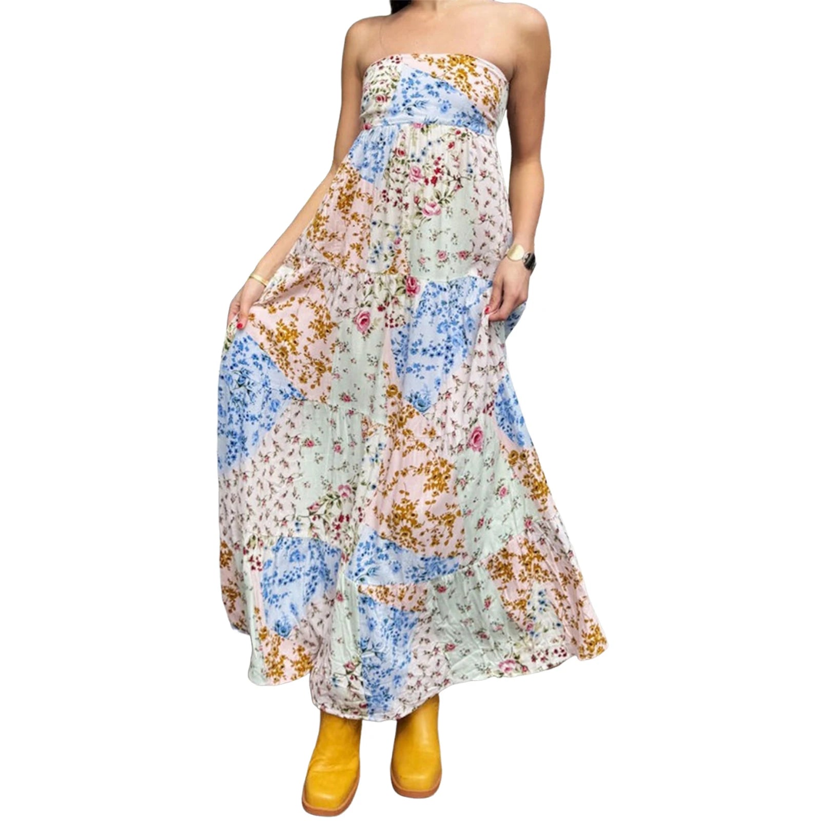 Aiertu  -  Elegant Off-Shoulder Maxi Dress with Boho Floral Print and Lace-Up Back Detail for Summer Wedding Party or Vacation Beachwear Aiertu
