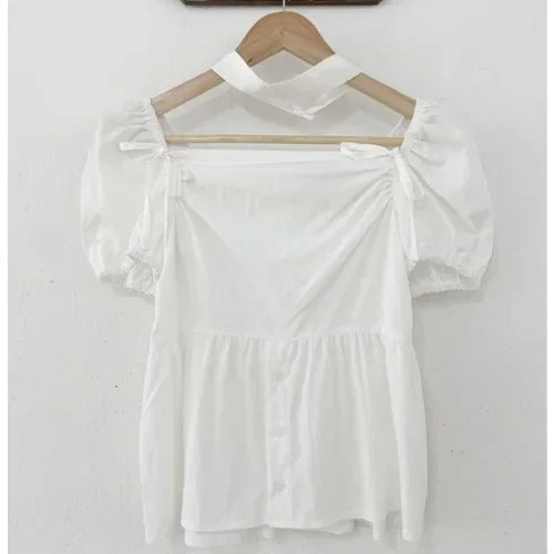 Aiertu  -  Summer Sweet Square Collar Women's Pullover Chiffon Shirt Fashion Folded Lace Bow Versatile Female Slim Fit Fluffy Sleeve Shirt Aiertu