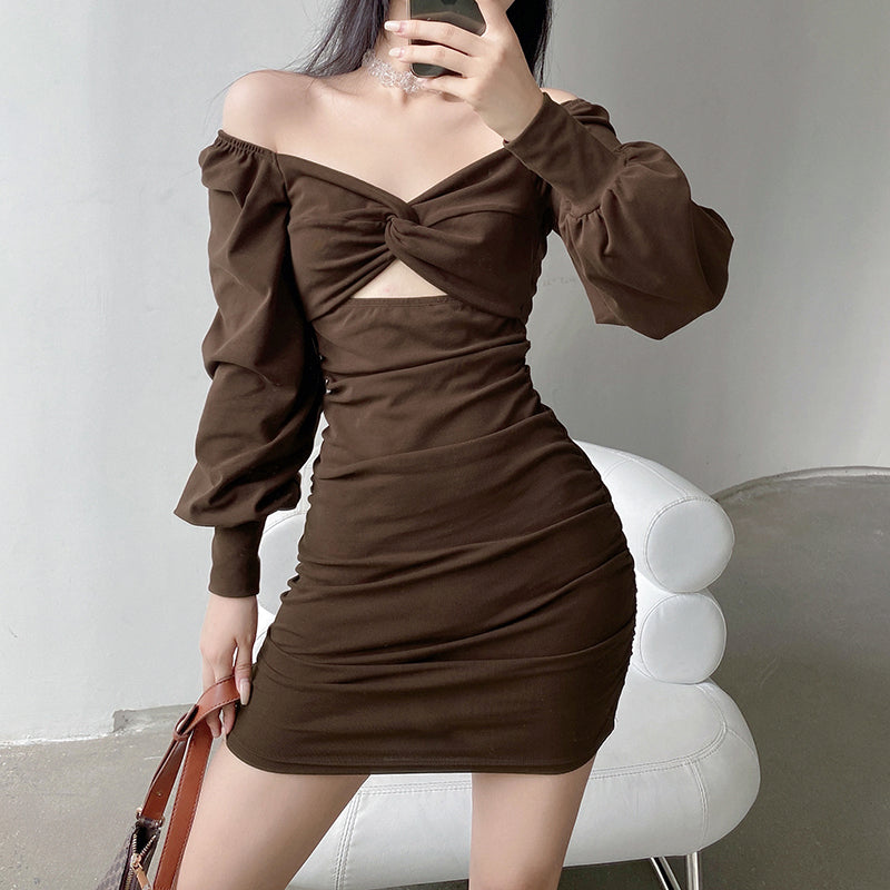 Aiertu - Twist Chest Cutout Puff Sleeve Pleats Dress Aiertu