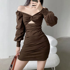Aiertu - Twist Chest Cutout Puff Sleeve Pleats Dress Aiertu