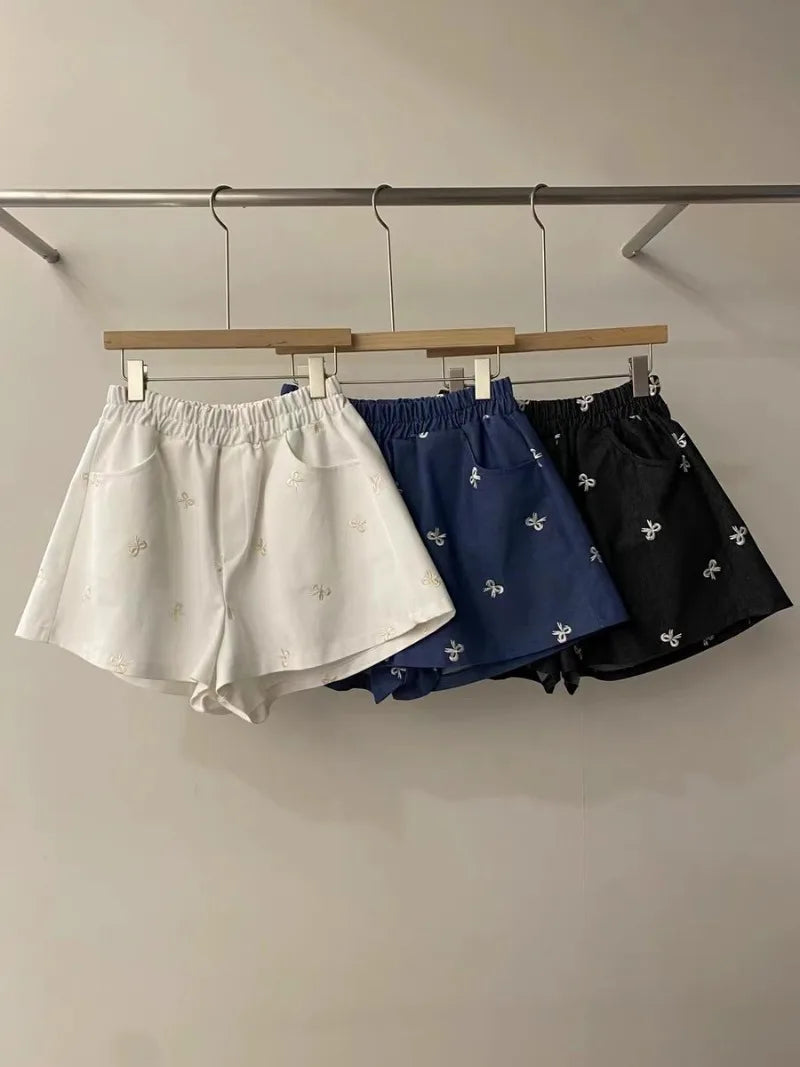 Aiertu  -  Sweet Hot Girl Denim Suit Women's Summer Embroidered Bow Strap Vest High Waist Shorts Two-piece Set Fashion Female Clothes Aiertu