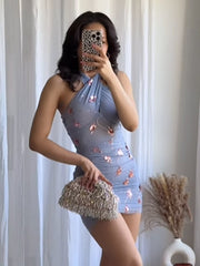 Aiertu  -  Elegant Sequin Blue Mini Evening Dress 2025 Sexy Halter Slim Fit Short Dresses Women High Waist Backless Party Lady Chic Vestido Aiertu