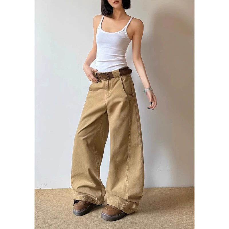 Aiertu  American Vintage 2000s Style High Waist Camel Jeans Pants Summer Fashion Women's Baggy Y2K Wide Leg Denim Trouser Female Clothes Aiertu