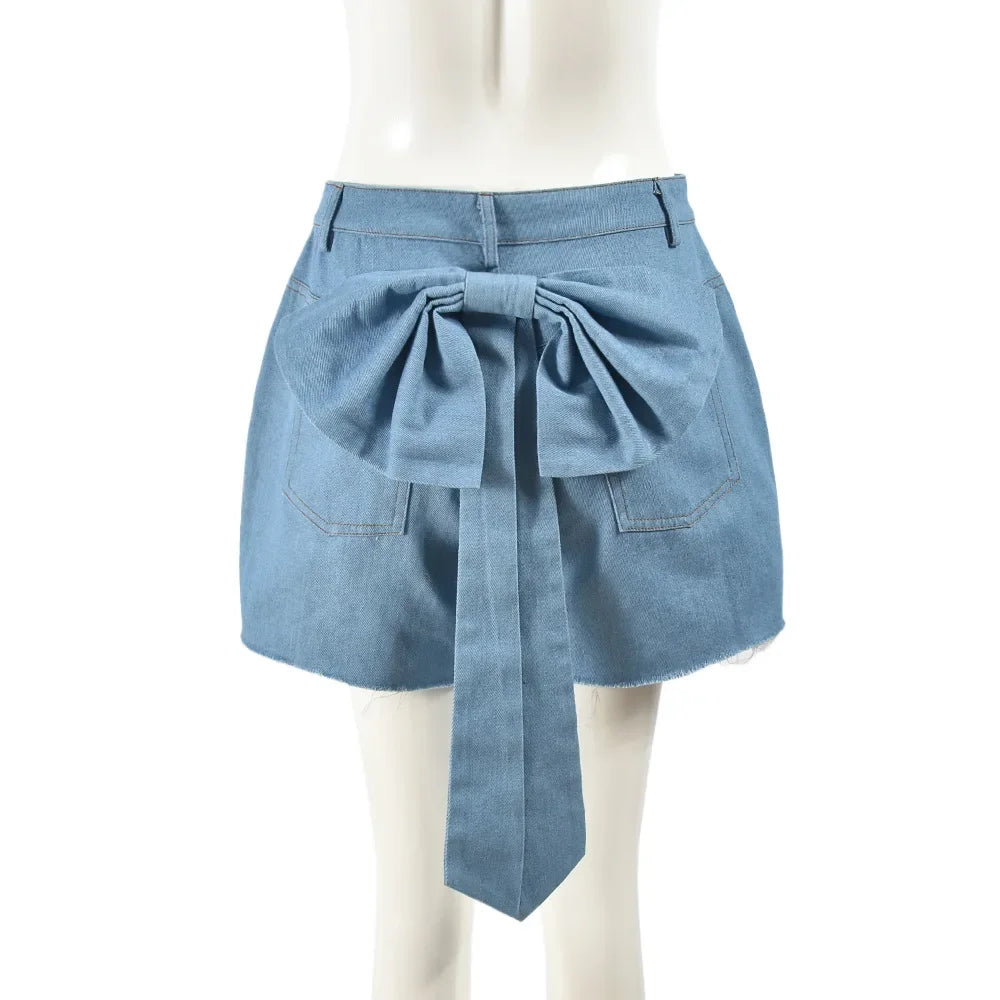 Aiertu  -  layered look inspo Women Zipper Fly Back Bow Front Button A-line Jeans Shorts Summer INS Street Casual Denim Blue Denim Shorts Aiertu
