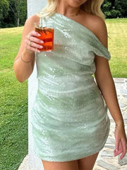 Aiertu  -  Sexy Sequined One Shoulder Mini Dress Women Slim Sleeveless Slash Neck Zipper Shinny Party Dresses 2026 Summer Lady Evening Robe Aiertu