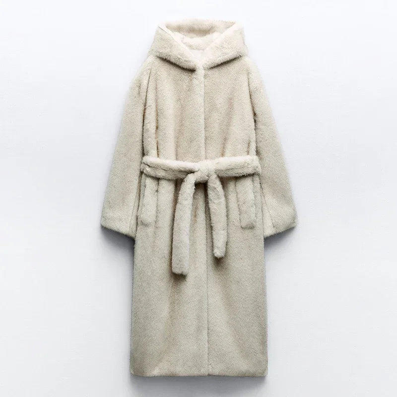 Aiertu  -  casual winter outfits Belted Faux Mink Fur Coat Women 2024 Winter Beige Gradient Furry Fur Jacket Luxury Brand Hooded Warm Outerwear Overcoat Aiertu