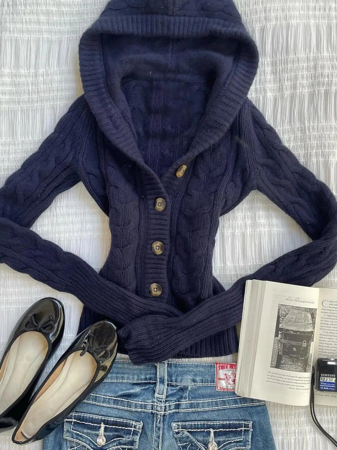 Aiertu  -  Fashion Dark Blue Hooded Knitted Cardigan Sweater Women's Casual Versatile Retro Harajuku Simple Top Y2K Cropped Cardigan Aiertu