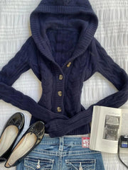 Aiertu  -  Fashion Dark Blue Hooded Knitted Cardigan Sweater Women's Casual Versatile Retro Harajuku Simple Top Y2K Cropped Cardigan Aiertu