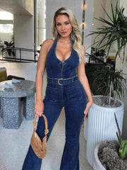 Aiertu  -  Halter Slim Denim Jumpsuits For Women Sleeveless High Waist Streetwear Backless Lady Fashion Sexy Plunge Rompers Outfits Aiertu