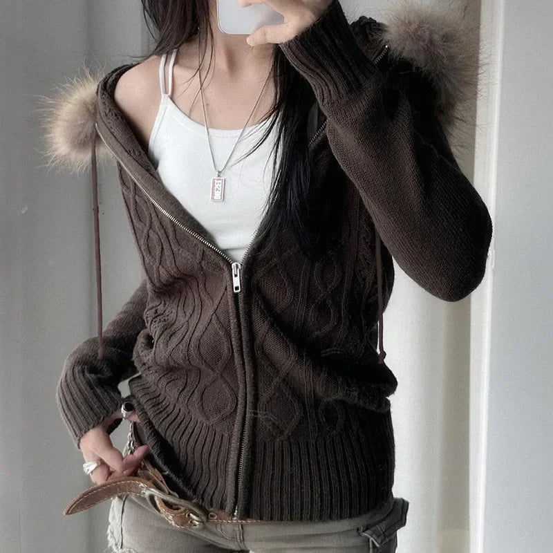 Aiertu  -  Vintage American High Street Zip Up Knitted Cardigan Sweaters Simple French All Match Lazy Women Jumpers Y2k Aesthetic Clothes Aiertu