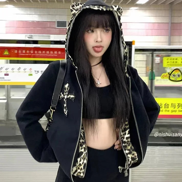 Aiertu  -  Y2K Retro Leopard Print Double Hoodie Street Wear Gothic Women's Clothing Long Sleeved Zipper Hoodie Men's Long Sleeved Aiertu