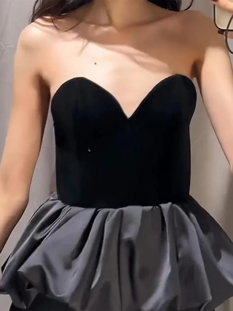Aiertu  -  Sexy Velvet Patchwork Women Tank Strapless Sleeveless Backless Female Dresses 2025 Fashion Ruffle Hem Spring Fashion Lady Tops Aiertu