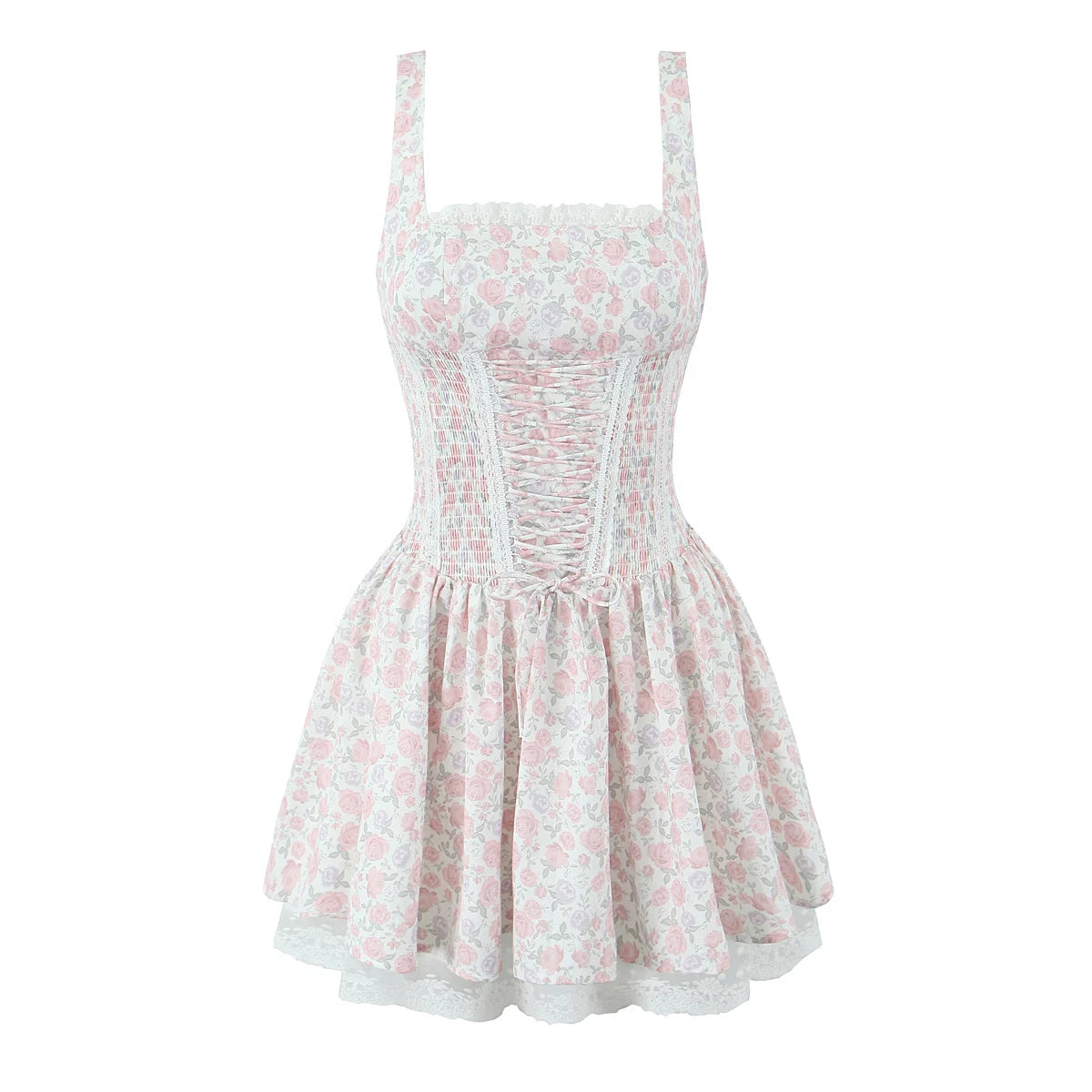 Aiertu  -  Sweet Floral Print Front Cross Lacing Up Front Slim Elastic Low Waist Tank Dress Women Swing A-lined Sling Dresses Robe Aiertu