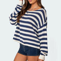 Aiertu  -  Womens Striped Loose Knit Sweater Fall Fashion Round Neck Long Sleeve Drop Shoulder Pullovers Casual Knitwear Aiertu