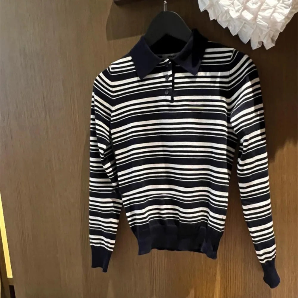 Aiertu  -  Commuter Pullover Korea Turn-down Collar Ropa Mujer Stripe Vintage Commuter Elegant Tshirt Slim Knit All-match Y2K Shirt Aiertu