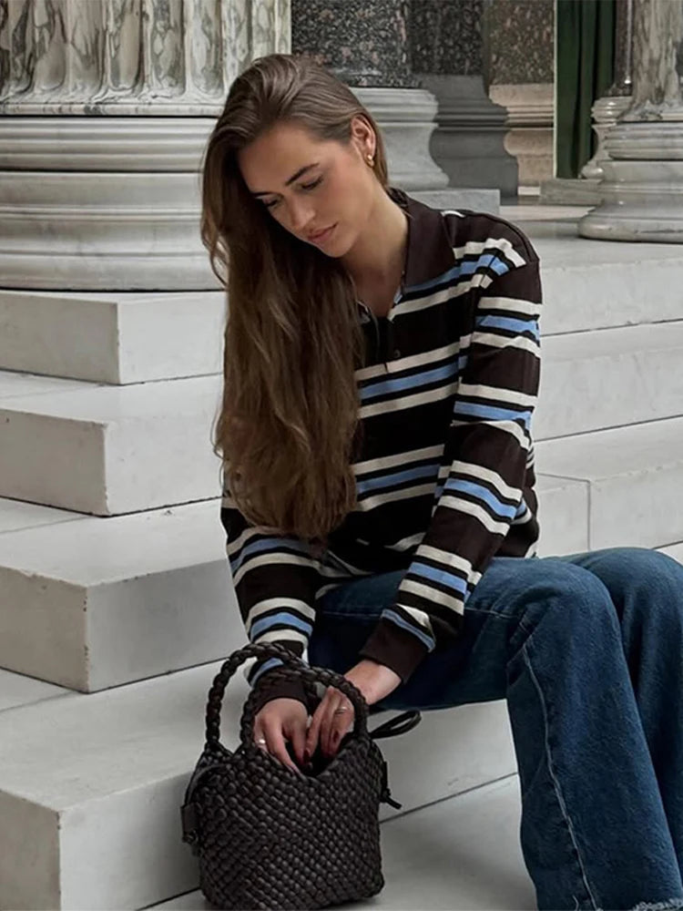 Aiertu  -  Vintage Stripe Basic Women's T-shirt Casual Long Sleeve Female All Match Polo Shirt Spring New Ladies Loose Tops High Street Aiertu
