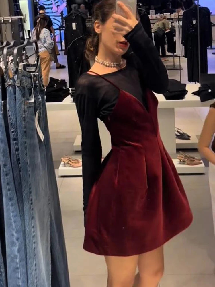 Aiertu  -  Retro Red Velvet Sling Dress For Women Elegant Sleeveless V Neck Backless Mini Dress Lady A Line Merry Christmas Party Vestidos Aiertu
