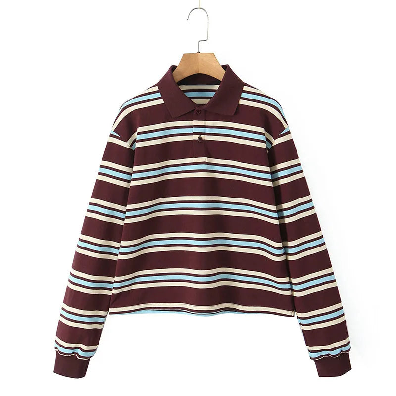 Aiertu  -  Vintage Stripe Basic Women's T-shirt Casual Long Sleeve Female All Match Polo Shirt Spring New Ladies Loose Tops High Street Aiertu