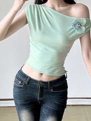 Aiertu  -3D Floral One-Shoulder Ruched Crop Top aiertu