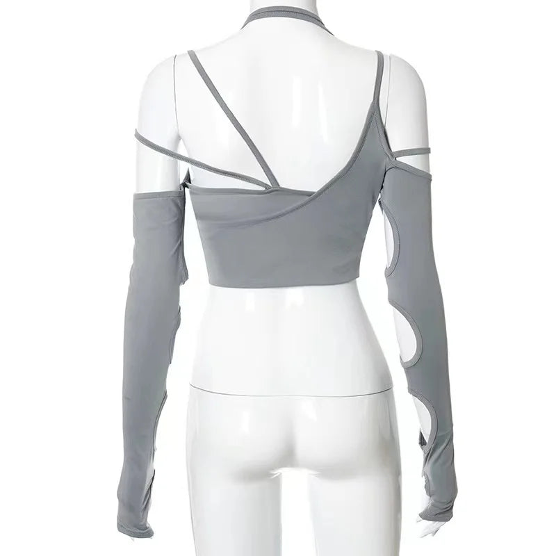 Aiertu  -  Hollow Out Crop Top for Girls, Off Shoulder Halter, Oversleeve Backless Patchwork, Summer Urban Leisure Streetwear, Y2K Aiertu