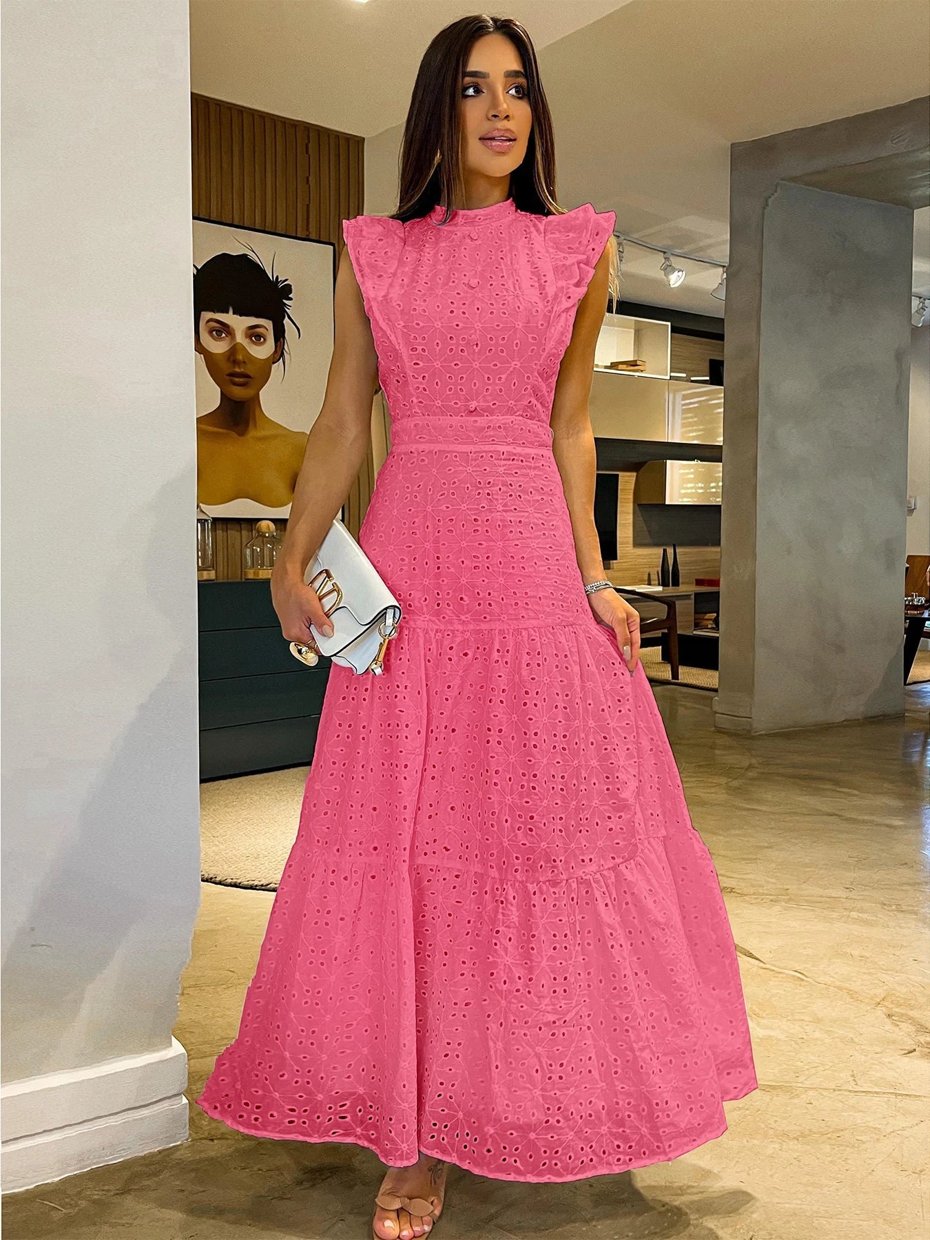 Aiertu  Bohemian Solid Hollow Out Elegant Women Dress O Neck Flying Sleeve Button Long Dress Summer Chic Casual Beach Women Clothing Aiertu