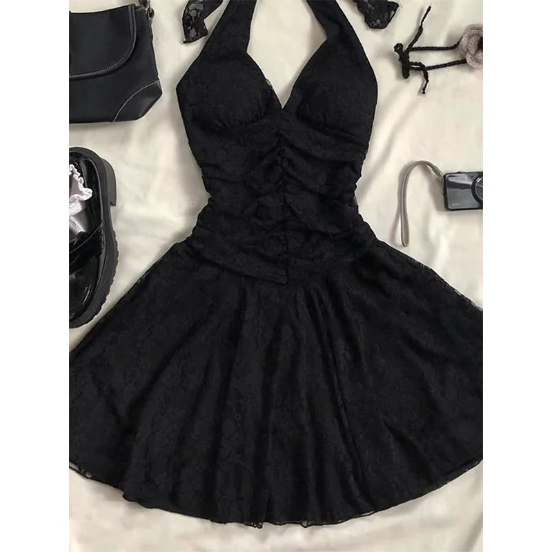 Aiertu  -  Vintage Black Mini Dress Women Party Sexy Halter Lace Dresses Korean Folds Backless Sundress Summer Bodycon Vestidos New Aiertu