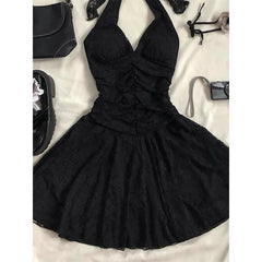 Aiertu  -  Vintage Black Mini Dress Women Party Sexy Halter Lace Dresses Korean Folds Backless Sundress Summer Bodycon Vestidos New Aiertu