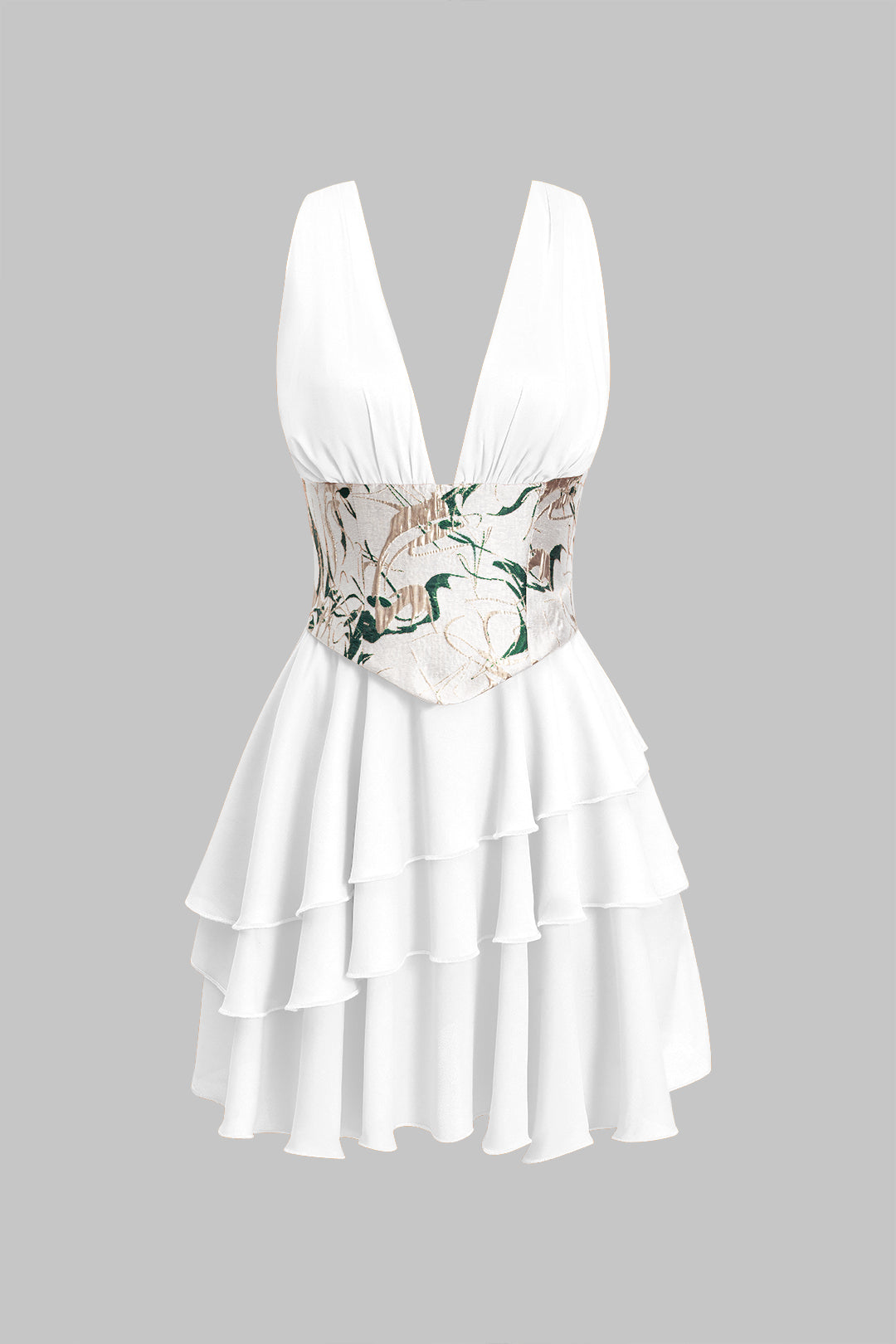 Aiertu  Chiffon Ruffle Patchwork Sleeveless V-Neck Asymmetrical Corset Waist Mini Dress Aiertu