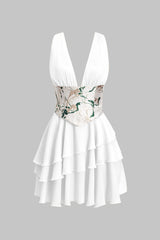 Aiertu  Chiffon Ruffle Patchwork Sleeveless V-Neck Asymmetrical Corset Waist Mini Dress Aiertu