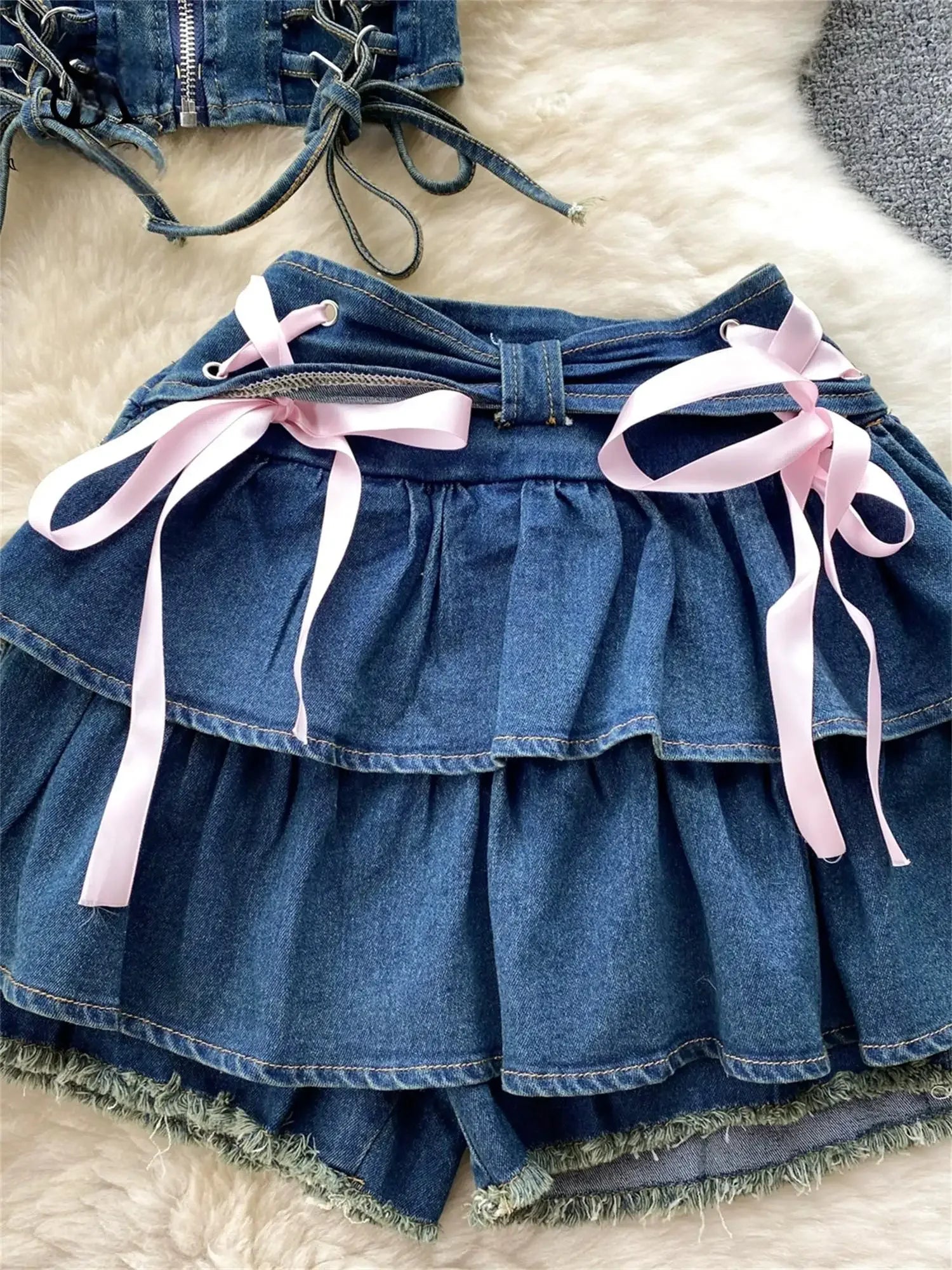 Aiertu  -  Y2K Sexy Mini Skirt Denim Tie Cross Bow Bandage Cape+denim Two-piece Zipper Strapless Tube Top Streetwear Set Aiertu