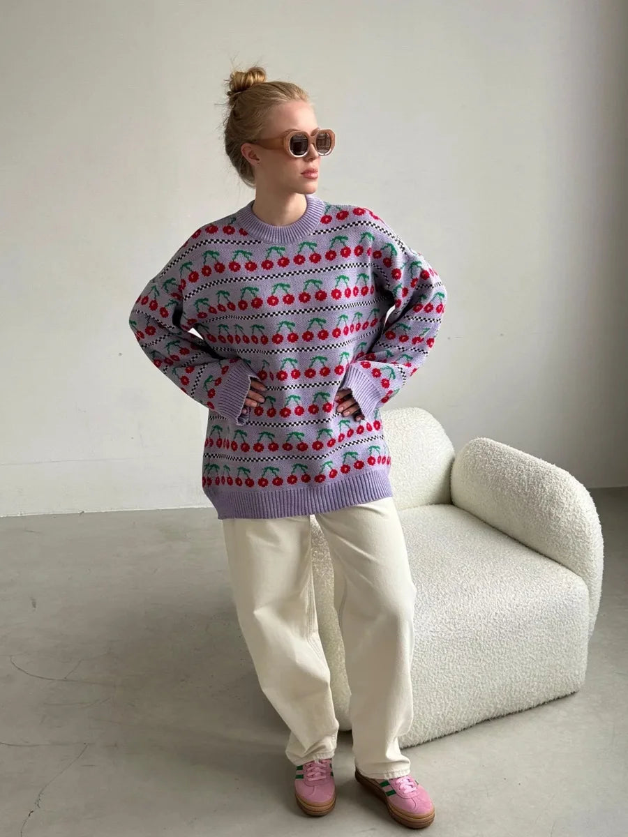 Aiertu  -  Women's Round Neck Cherry Printed Sweater Autumn Winter New Mid Length Fashion Top Retro Knitted Sweater Pullover Aiertu