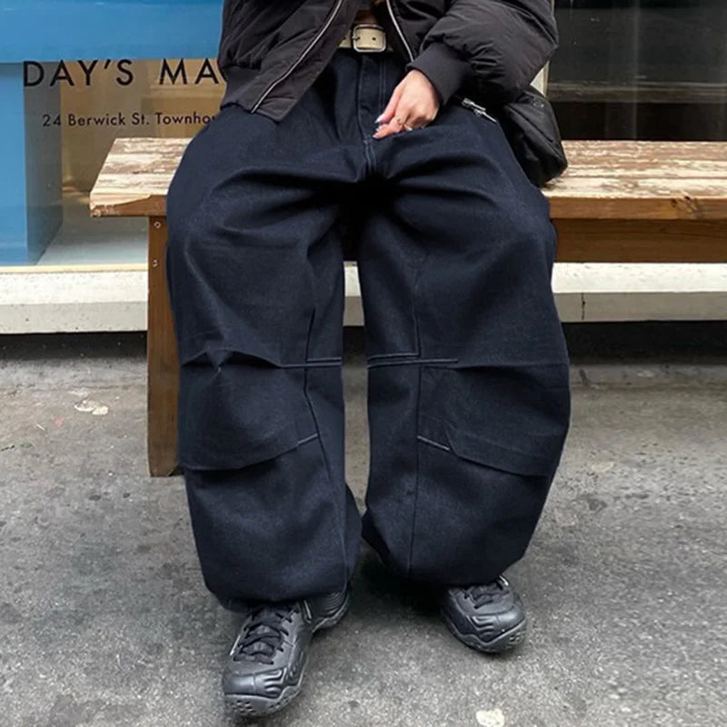 Aiertu  -  Harajuku Street Fashion Women Baggy Jeans Fold Detail Y2K Oversized Denim Pants Hip Hop Loose Sweatpants  Dark Blue Aiertu