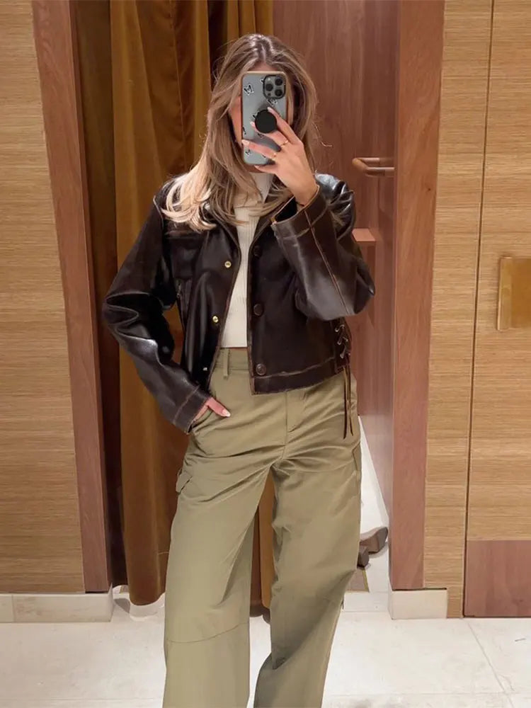Aiertu  -  Fashion Pu Leather Brown Lapel Jacket Casual Long Sleeve Single Breasted Office Coat 2026 Autumn Chic High Street Lady Outwears Aiertu